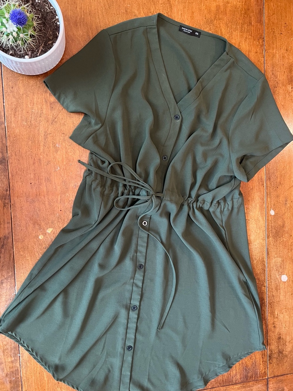 SHEIN Curve Olive Green Ruched Drawstring Dress 2XL Short Sleeve Midi Dress